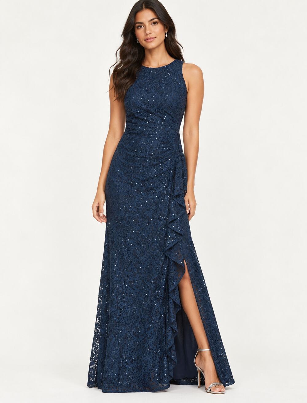Alex Evenings Sleeveless Lace Dress Cascade Ruffle Slit Dress Womens 12 Navy New